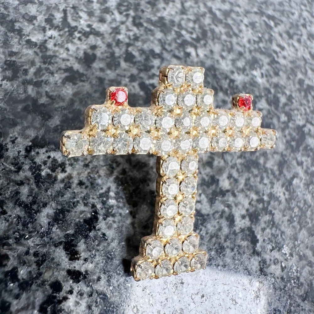 Vintage Rhinestone Airplane Brooch Gold Tone Aircraft Pin Red Lights‎ Aviation